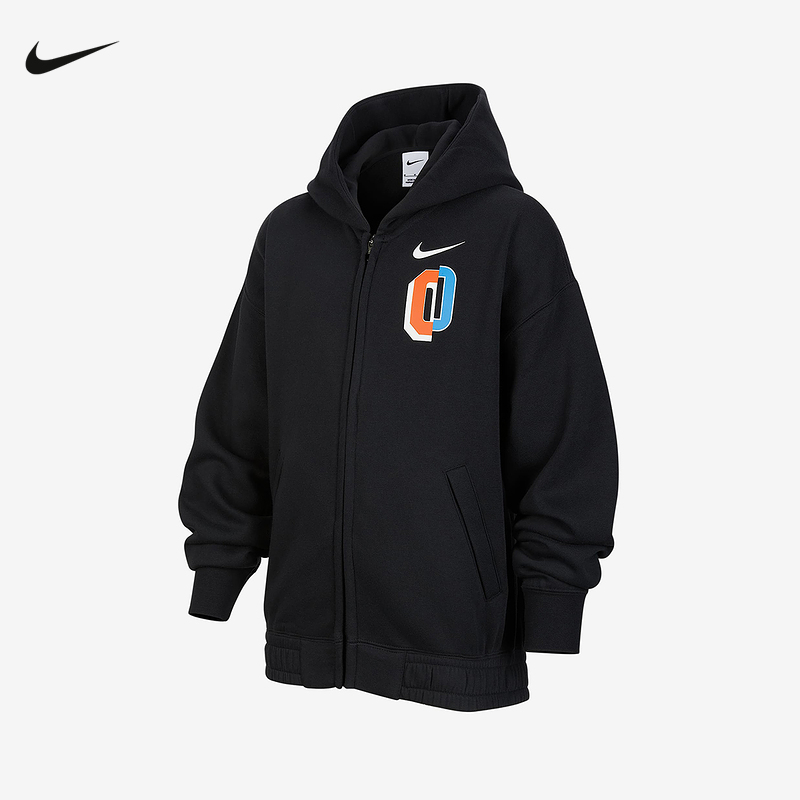 NIKE耐克黑色开衫卫衣男女大童全长拉链开襟加绒连帽衫IO7912-010