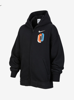 NIKE耐克黑色开衫卫衣男女大童全长拉链开襟加绒连帽衫IO7912-010