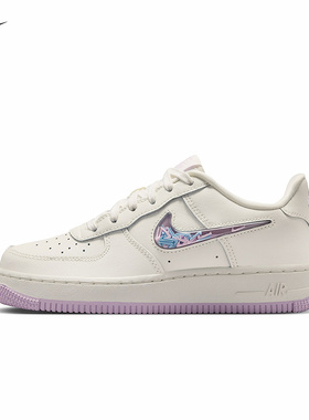 Nike耐克女鞋大童鞋趣味小勾白紫色AF1空军一号小白鞋IQ9795-151