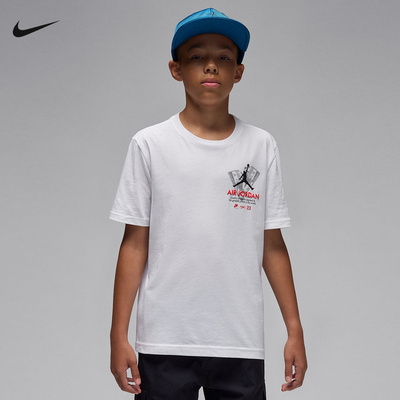 NIKE耐克男大童T恤夏新款印花图案圆领休闲短袖针织衫IO2686-100