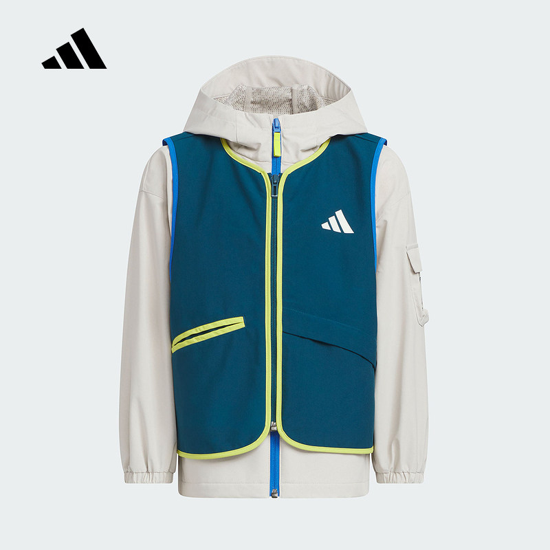 adidas阿迪达斯拒水二合一运动休闲宽松连帽男童夹克外套 KC5339