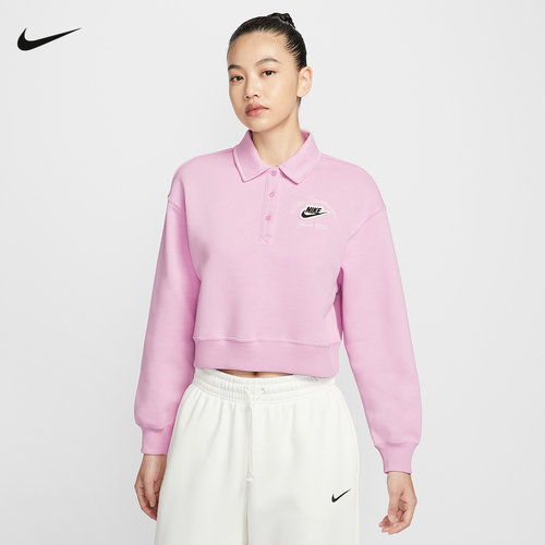 Nike耐克酒红色卫衣女春秋新款运动休闲短款翻领套头衫IM7487-623