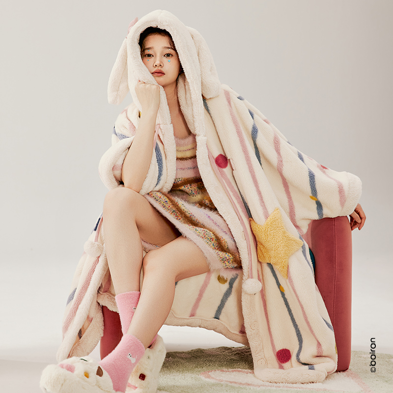 斗篷式睡袍女秋冬季长款加厚毛绒