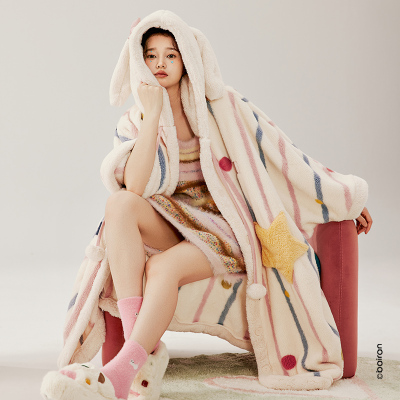 斗篷式睡袍女秋冬季长款加厚毛绒