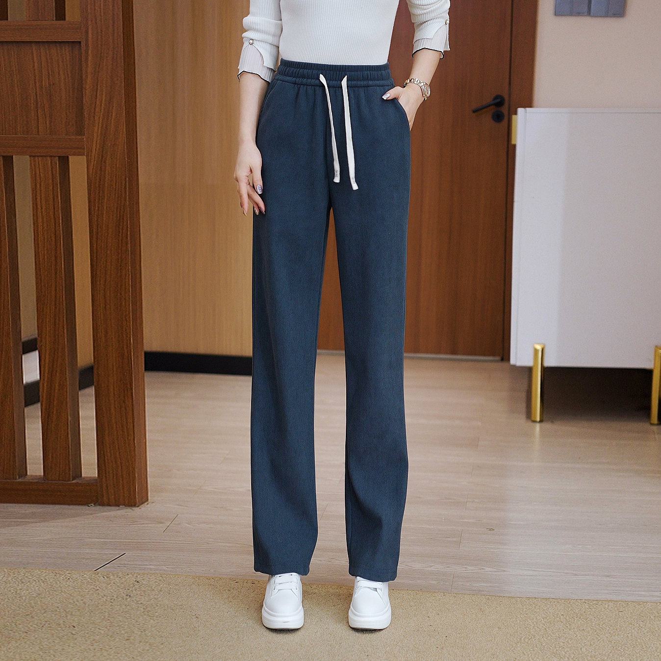 雪尼尔窄版阔腿裤女秋冬2024新款小个子垂感冬季加绒休闲直筒裤子