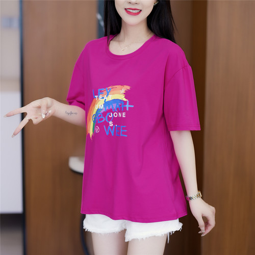暮纯霏女装店简约彩虹印花短袖宽松大码圆领百搭休闲洋气减龄显瘦