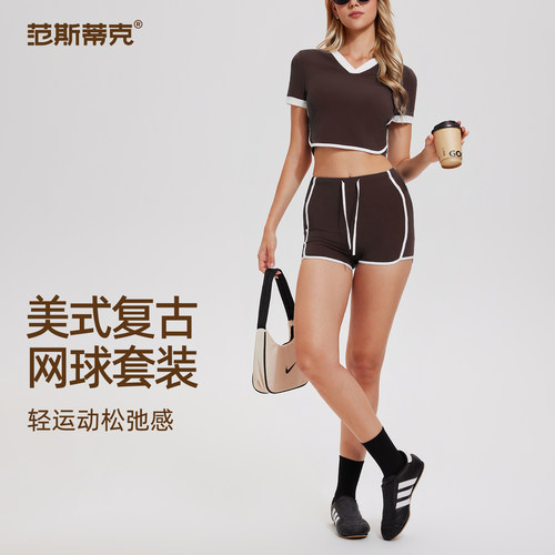 运动上衣女夏季跑步透气健身服网球训练气质短袖短裤套装