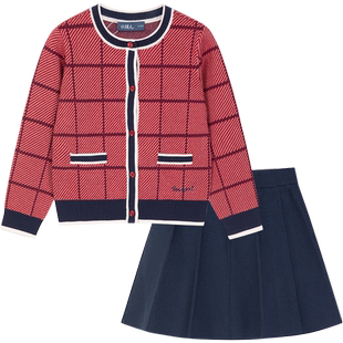 水孩儿女童套装大童秋冬装保暖儿童针织开衫线衣毛衣裙子两件套