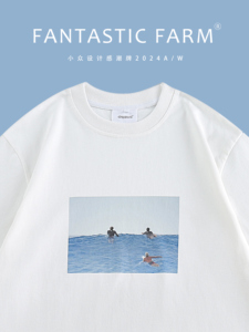 FFM-studio 2024夏日海边新款印花宽松休闲纯棉五分袖圆领T恤潮流