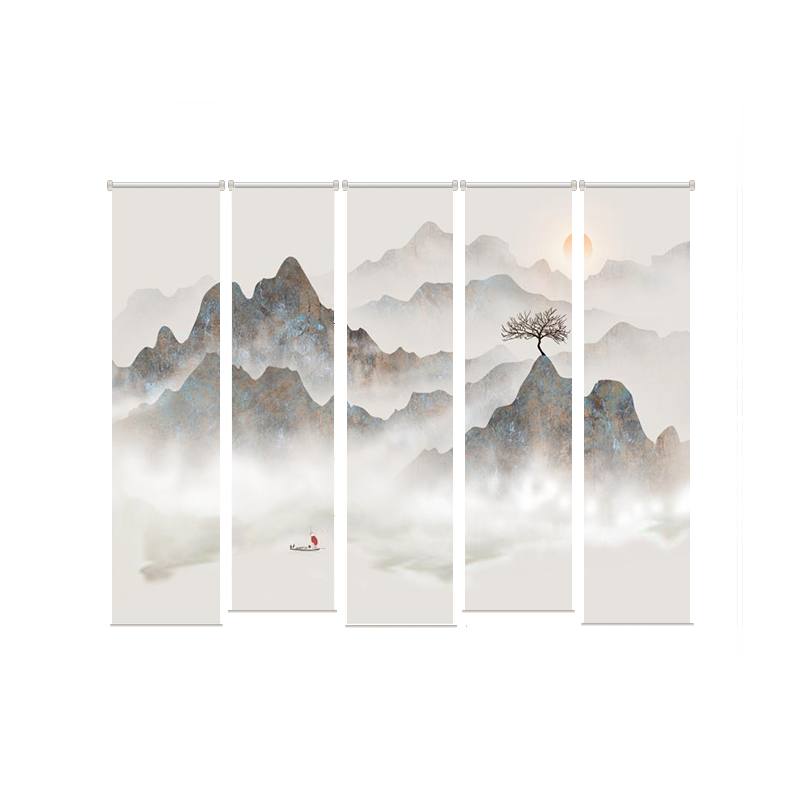 辦公室電動(dòng)卷簾窗簾遮陽簾茶室陽臺(tái)免打孔半透明紗遮光新中式掛簾