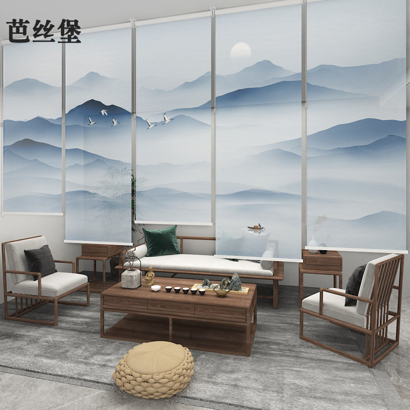 新中式山水画窗帘卷帘软隔断屏风悬挂升降酒店客厅餐厅半透明电动