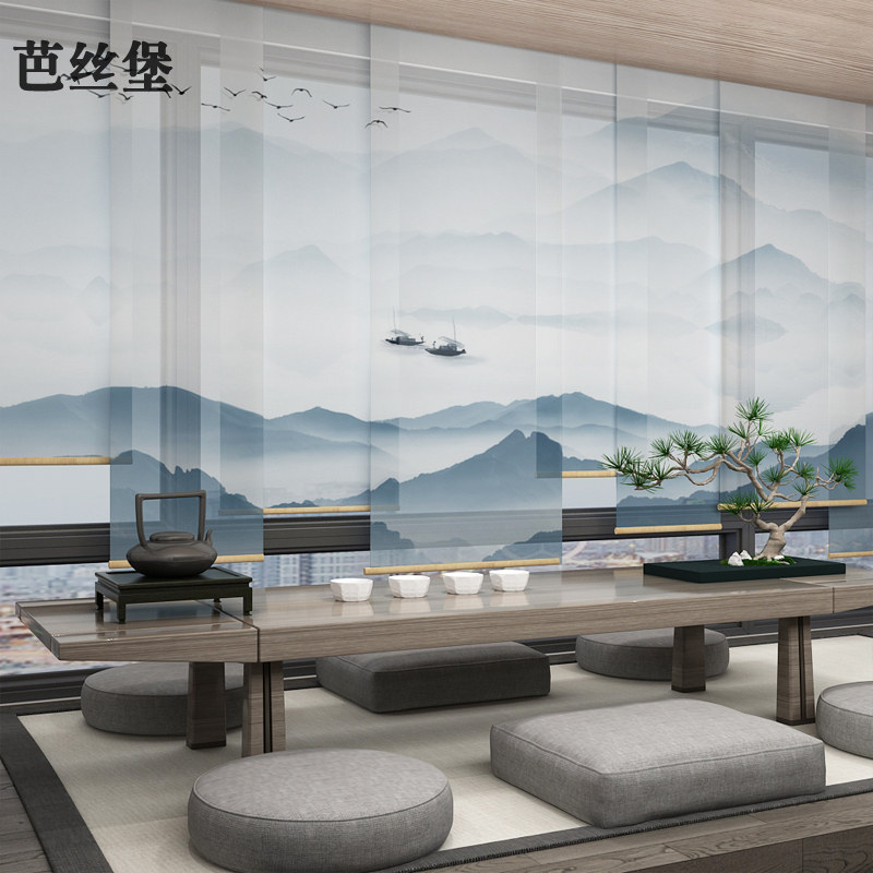 中式悬挂式软屏风隔断帘卧室卷帘窗帘布拉帘画风景防晒客厅办公室