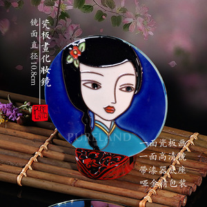 青兰工舍C108化妆镜带底座台式随身便携镜子手绘镶瓷板画高档礼品