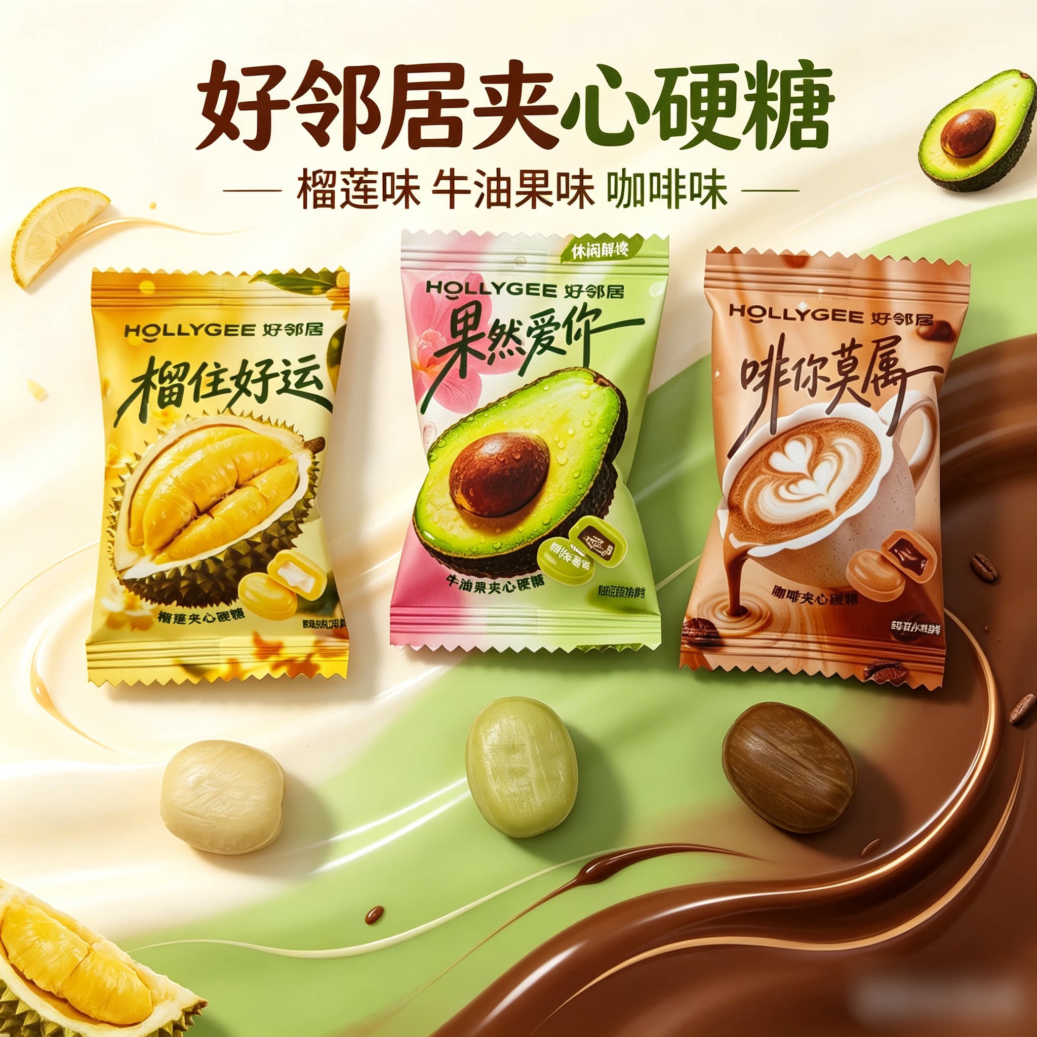 好邻居夹心榴莲糖咖啡糖牛油果糖散装喜糖休闲小零食年货伴手礼