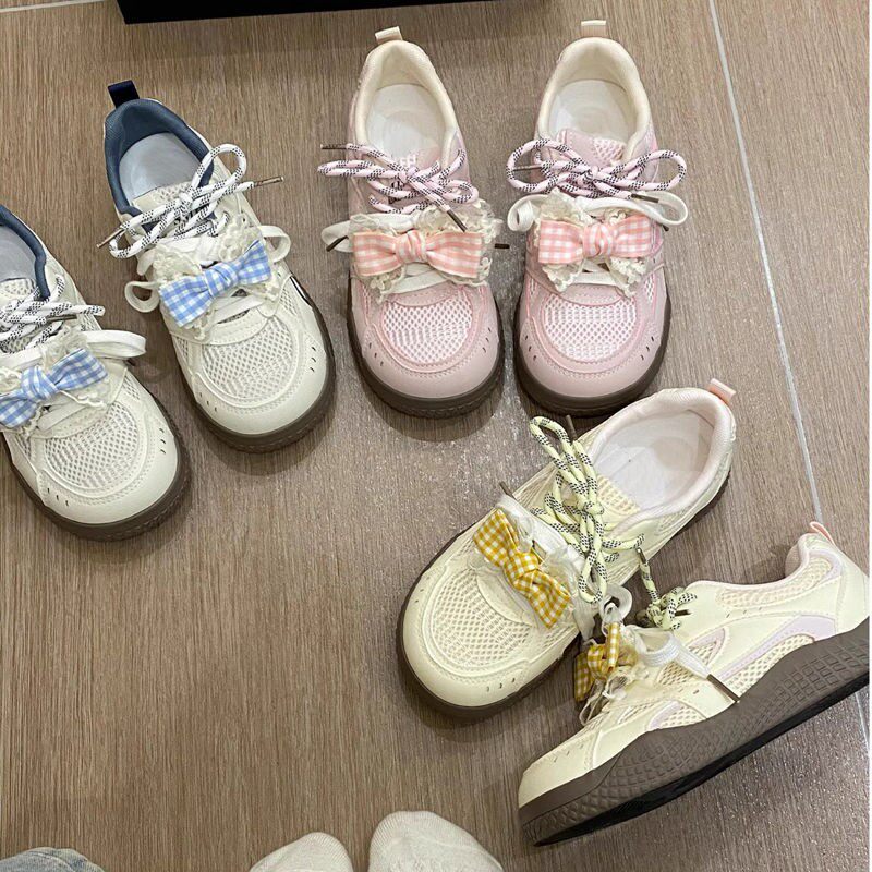 夏季网面透气休闲鞋2026新款百搭小众运动鞋子厚底蝴蝶结小白鞋女