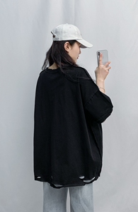 216-T624-P28 2024夏破洞短袖T恤落肩袖宽松oversize 粉图片
