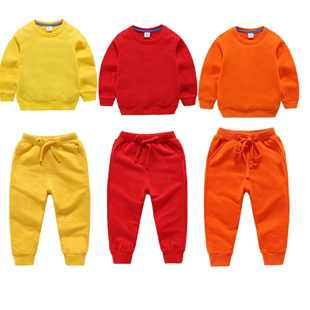 橘红色休闲纯色幼儿园园服外套男女童圆领卫衣 儿童纯棉运动服套装