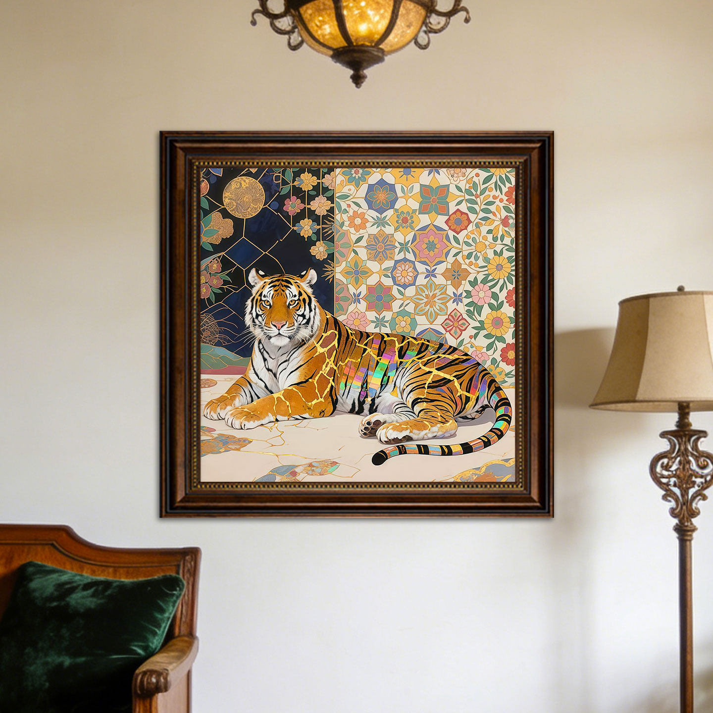 老钱风老虎挂画卧虎的画像工笔图法式复古中古壁画入户玄关装饰画