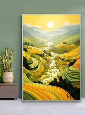 万里梯田手绘油画客厅背景墙挂画农家乐田园风山村田野风景装饰画