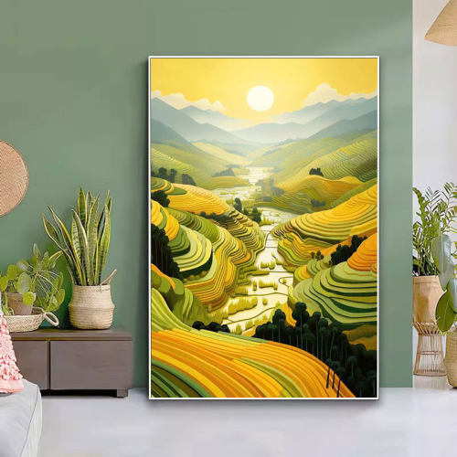 万里梯田手绘油画客厅背景墙挂画农家乐田园风山村田野风景装饰画