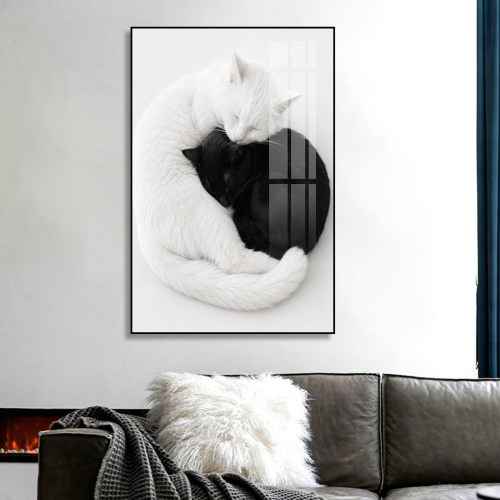 现代简约黑白配猫咪挂画黑色拥抱恩爱情侣卧室动物壁画小猫装饰画