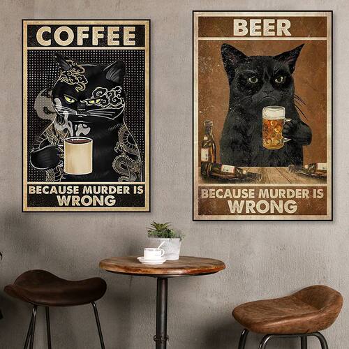 美式复古猫咪挂画黑猫抽雪茄喝咖啡啤酒烘焙蛋糕猫咖店酒吧装饰画