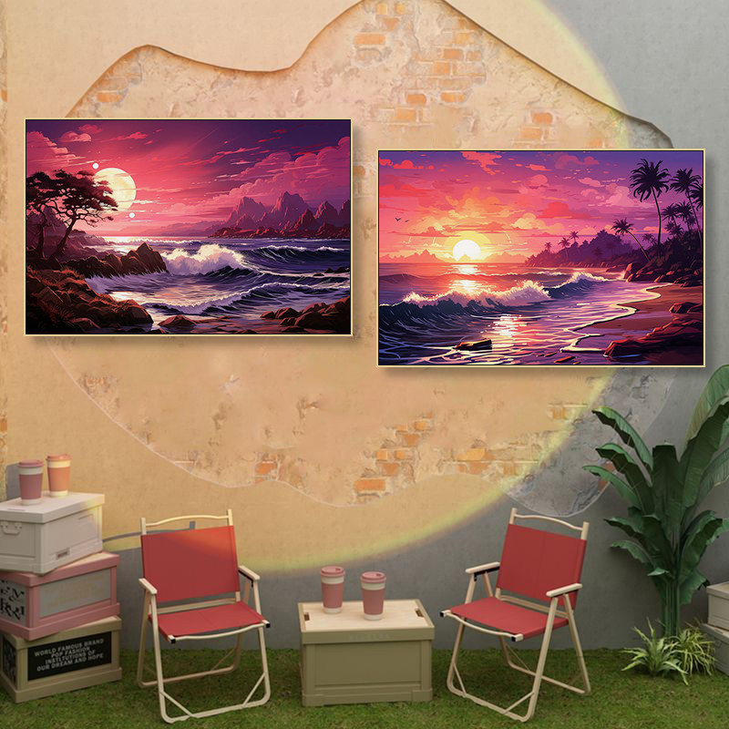 夏威夷风格夕阳落日装饰画海滩风景椰树海景黄昏沙滩网红酒吧挂画