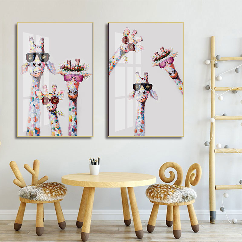 卡通长颈鹿全家福挂画四口五口动物壁画入户玄关三口一家人装饰画