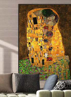 古斯塔夫克里姆特吻油画世界名画抽象人物挂画狗和猫咪艺术装饰画