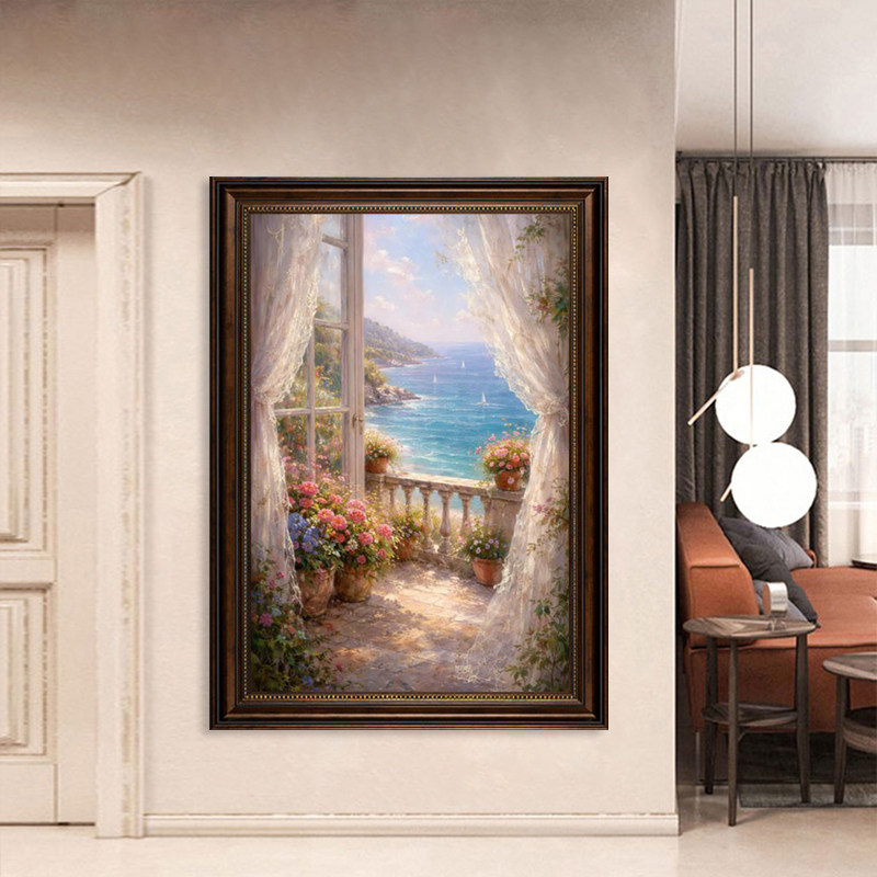 中古风假窗户海景挂画欧式复古西餐厅装饰画视觉延伸窗外风景油画