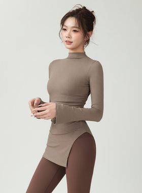 半高领褶皱收腰不对称开叉上衣女