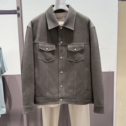 G家男装秋冬季新款灰绿色咖色休闲反绒皮真皮皮衣G25X124007/004