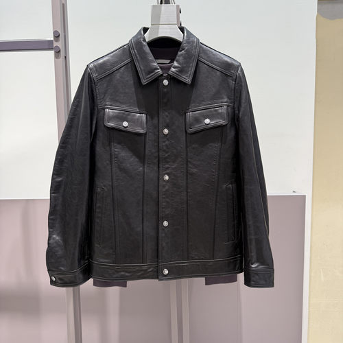 B1BDF4F07鸟家秋冬季新款绵羊皮翻领机车复古油蜡皮做旧真皮皮衣