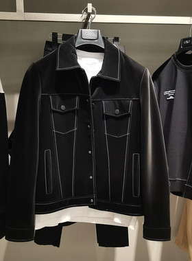 男装秋冬季新款黑色明线绵羊皮翻领夹克真皮皮衣外套潮GC112005H