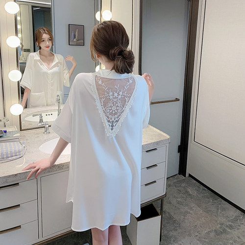 新款雪纺睡裙女春秋性感男友风白色衬衫镂空睡衣夏季可外穿家居服