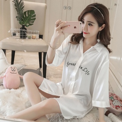 私房睡衣女夏季韩版家居服春秋夏性感宽松雪纺衬衫睡裙七分袖大码