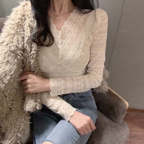 法式蕾丝打底衫女春秋2026新款内搭修身洋气长袖短款性感V领上衣