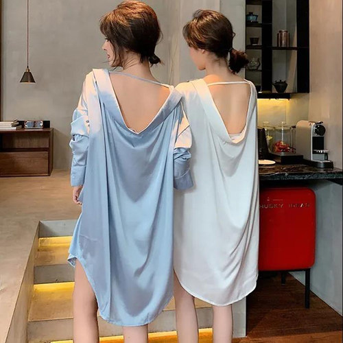 白衬衣长袖冰丝男友风露背宽松