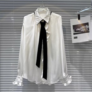 新款高级感垂感学院风女士领带衬衫薄款宽松百搭丝绸缎面开衫上衣