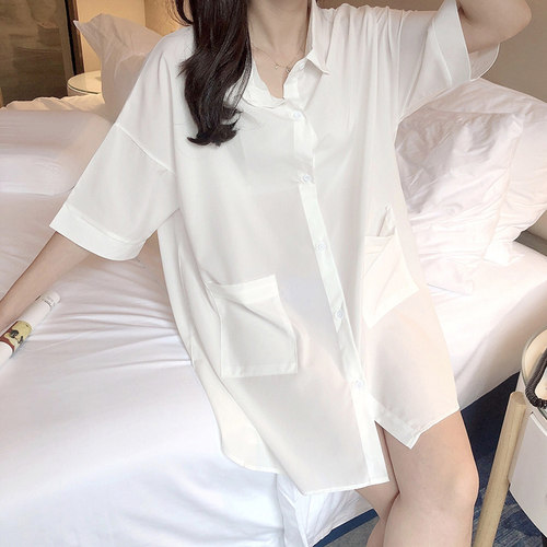 白色气质雪纺睡衣风衬衫女夏新款