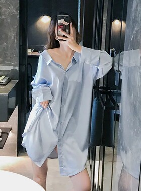 春秋季露背性感睡裙女新款长袖冰丝中长款衬衫睡衣夏季仿真丝衬衣