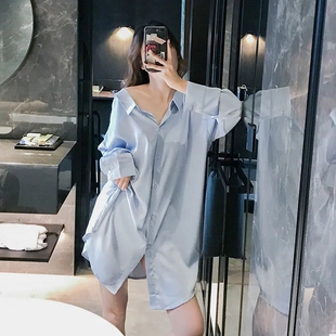 春秋季露背性感睡裙女新款长袖冰丝中长款衬衫睡衣夏季仿真丝衬衣