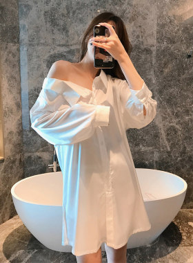 男友风衬衫睡裙性感冰丝中长睡衣