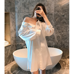 长袖冰丝白衬衫睡衣女中长款宽松bf风睡裙性感诱惑男友风衬衣外穿