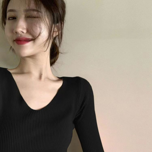 v领针织衫女秋冬内搭紧身纯色套头上衣修身显瘦气质长袖打底毛衣