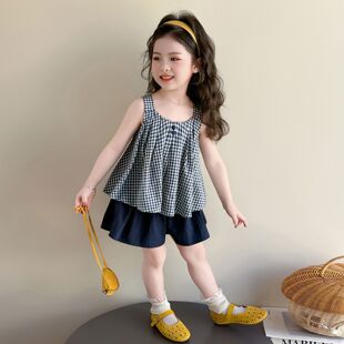 女童夏季洋气套装儿童新款格子吊带短裤中小童夏装百搭无袖两件套