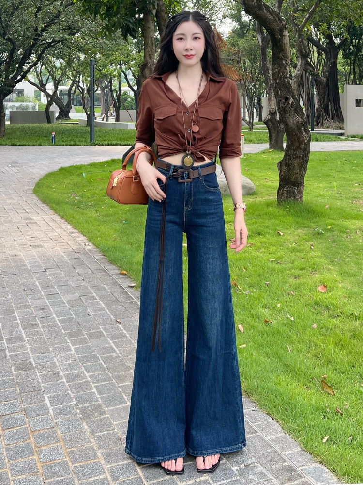阔腿喇叭牛仔裤女春秋季2025新款宽松显瘦高级特色腰带直筒裤子女