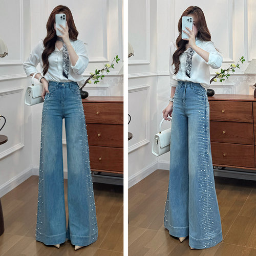 重工钉珠烫钻阔腿牛仔裤女春秋季