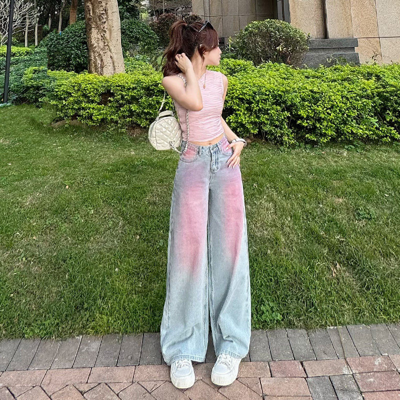 多巴胺粉色阔腿牛仔裤女春秋季20
