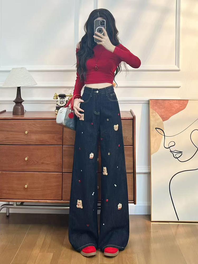 卡通刺绣阔腿牛仔裤女春秋季2025新款宽松显瘦减龄超火直筒裤子女